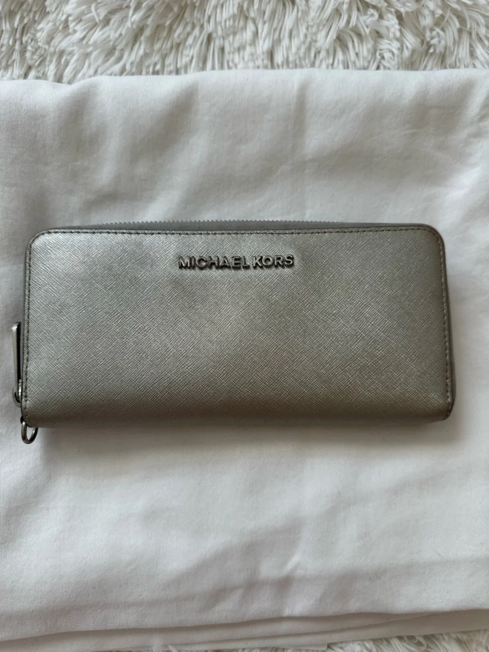 MICHAEL KORS Silver Metallic Saffiano Leather Zip Around Continental Wallet